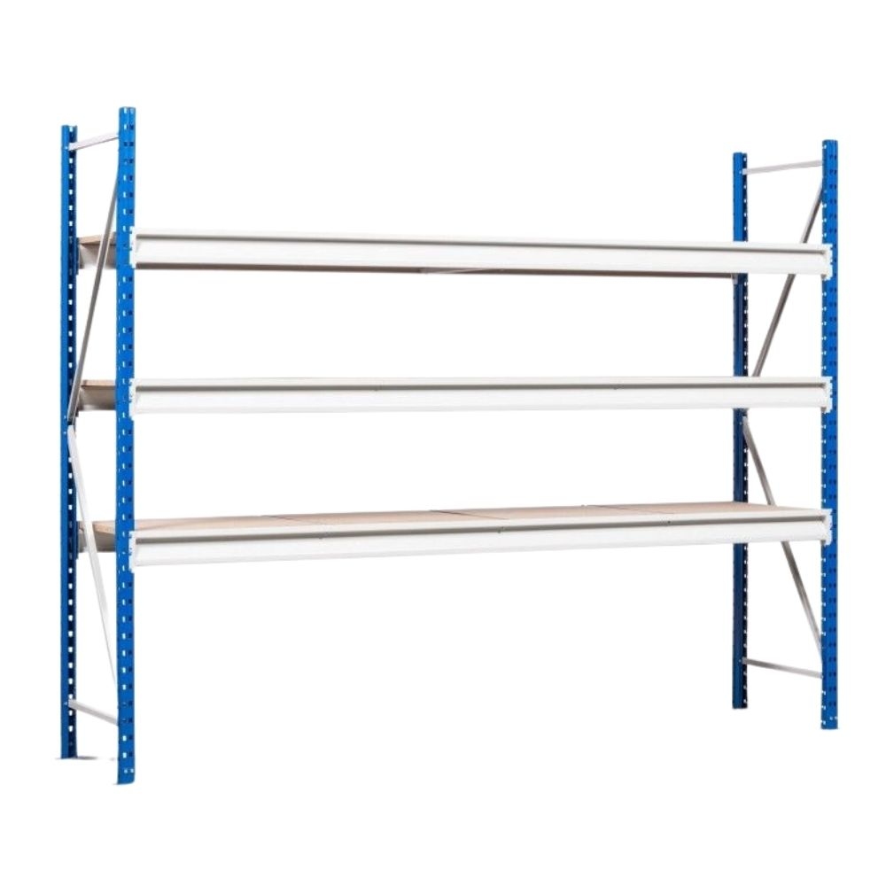 PROREGAL Weitspannregal MAXIMUS Pro | Grundregal | HxBxT 450x150x120cm | 4 Ebenen | Spanplatten-Fachboden | Fachlast 850kg | Lichtblau/Lichtgrau Image