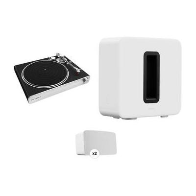 Victrola Stream Carbon Turntable with a Pair of White Sonos Five Speakers and Sonos VPT-3000-BSL