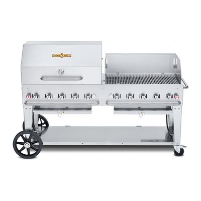 Crown Verity CV-MCB-72RWP-NG 70" Mobile Gas Commercial Outdoor Charbroiler w/ Roll Dome & Wind Guard, Natural Gas, Stainless Steel, Gas Type: NG