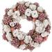 13" White and Pink Wooden Floral Christmas Wreath with Pinecones