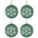 4ct Green Glass Christmas Ball Ornaments with White Snowflakes 3" (80mm)