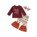 Infant Baby Girls Thanksgiving Outfit Turkey Letters Print Pullover Bell Bottom Trousers Headdress