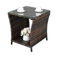 HElectQRIN Outdoor Side Table Rattan Coffee Table Small End Table with Glass Top Storage for Patio Porch Backyard Balcony