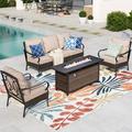 Summit Living 5-Seat Patio Conversation Set with 3-Seat Sofa Two Club Chairs & 50000 BTU Fire Pit Table Black Steel Frame & Beige Cushions