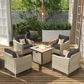 HOOOWOOO 5 Pieces Outdoor Patio Furniture Sets with 30 Fire Pit Table Wicker Conversation Set for Porch Deck Beige Rattan Sofa Chair Black Cushion