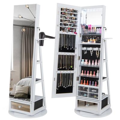 Costway Lockable 360° Swivel Jewelry Cabinet with Full-Length Mirror LED Lights-White