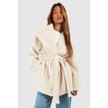 Textured Shawl Collar Belted Longline Wool Look Coat