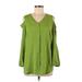 Chico's Long Sleeve Blouse: V-Neck Cold Shoulder Green Print Tops - Women's Size Medium