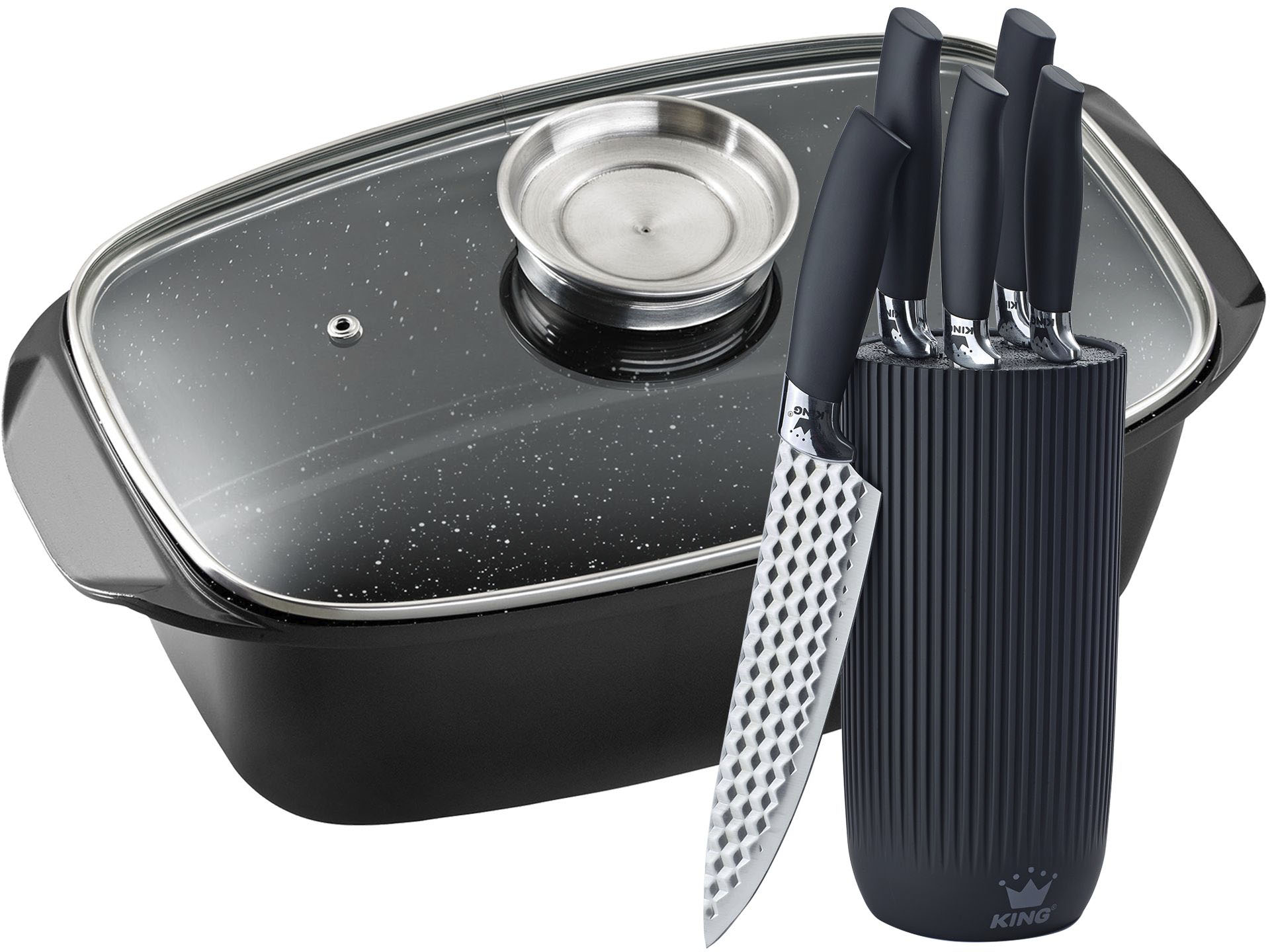 Bräter KING "5 Liter", schwarz, B:23cm H:16,5cm L:39cm, Töpfe, Aromaknopf, Induktion, mit Glasdeckel, Antihaft-Keramikbeschichtung Image