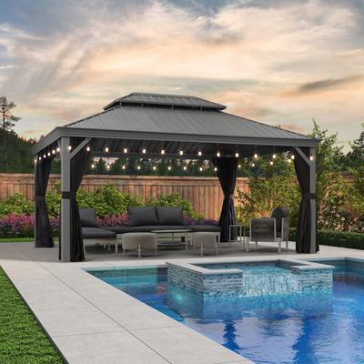 PURPLE LEAF Patio Gazebo for Backyard Hardtop Galvanized Steel Frame with Upgrade Curtain and Light - Light Grey