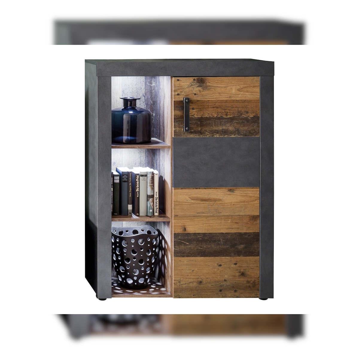 Irina Sideboard 1 Tür und 3 Ablagen, grau Matera, Old Wood Dekor. Image