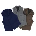 2024 Mens Vest Classic Brown Suit Wool Tweed Notch Lapel Waistcoat Herringbone Groomsmen Winter