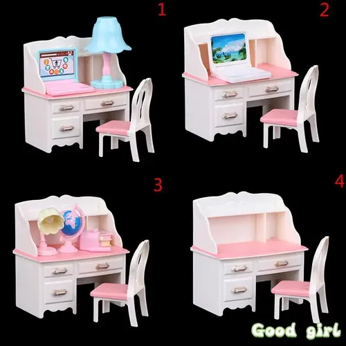 1 Set Puppenhaus Möbel Schreibtisch Stuhl Schreibwaren Dressing Tisch Schreibtisch + Lampe + Laptop