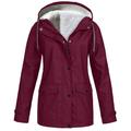 snowsong Women Solid Colors Plush Rain Outdoor Plus Size Hooded Raincoat Windproof Jacket Coat Jackets for Women Rain Jacket Women Winter Jackets for Women Coats for Women Wine L