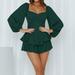 Riforla Womens Solid Jumpsuit Long Sleeve Ruffle Layer Tie Mini Short Romper Jumpsuit Women s Jumpsuit Green L