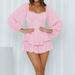 Riforla Womens Solid Jumpsuit Long Sleeve Ruffle Layer Tie Mini Short Romper Jumpsuit Women s Jumpsuit Pink XL