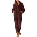 Lisingtool Winter Coats for Women s Artificial Wool Long Sleeve Pajamas Casual Solid Color Zipper Loose Hooded Jumpsuit Pajamas Casual Winter Warm Rompe Cute Sleepwear Pajamas for Women Set Brown