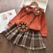 LYCAQL Girls Clothes Outfit Kids Babys Toddlers Girls Spring Winter Plaid Knit Sweater Thick Long Sleeve Skirts Set Baby Girl (Orange 3-4 Years)