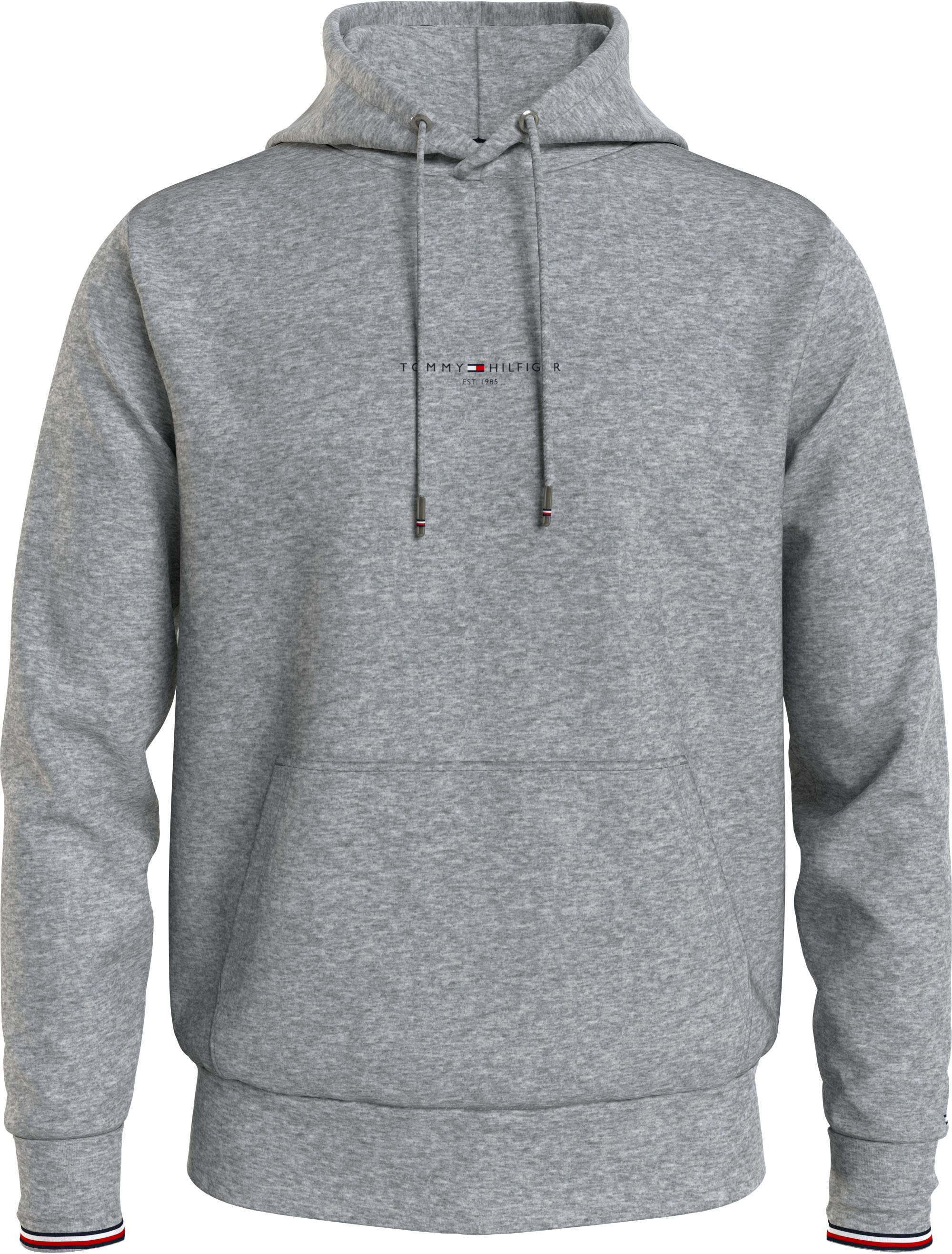 Hoodie TOMMY HILFIGER "TOMMY LOGO TIPPED HOODY", Herren, Gr. XL, grau (light grau heather), Sweatware, Obermaterial: 63% Baumwolle, 37% Polyester, kontrastfarbene Details, unifarben, regular fit hüftlang, Rippstrickbündchen kontrastfarben,...