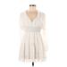 Casual Dress - Mini Plunge Long sleeves: Ivory Solid Dresses - Women's Size Small