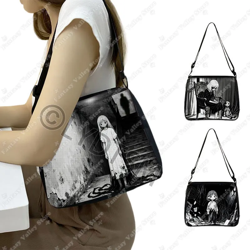 Cartoon-Horror-Manga-Mädchen Grafik-Print Damenhandtasche Weinendes Mädchen Totenkopf Skelett Umhängetasche für Reisen Tragetasche Handyhalter