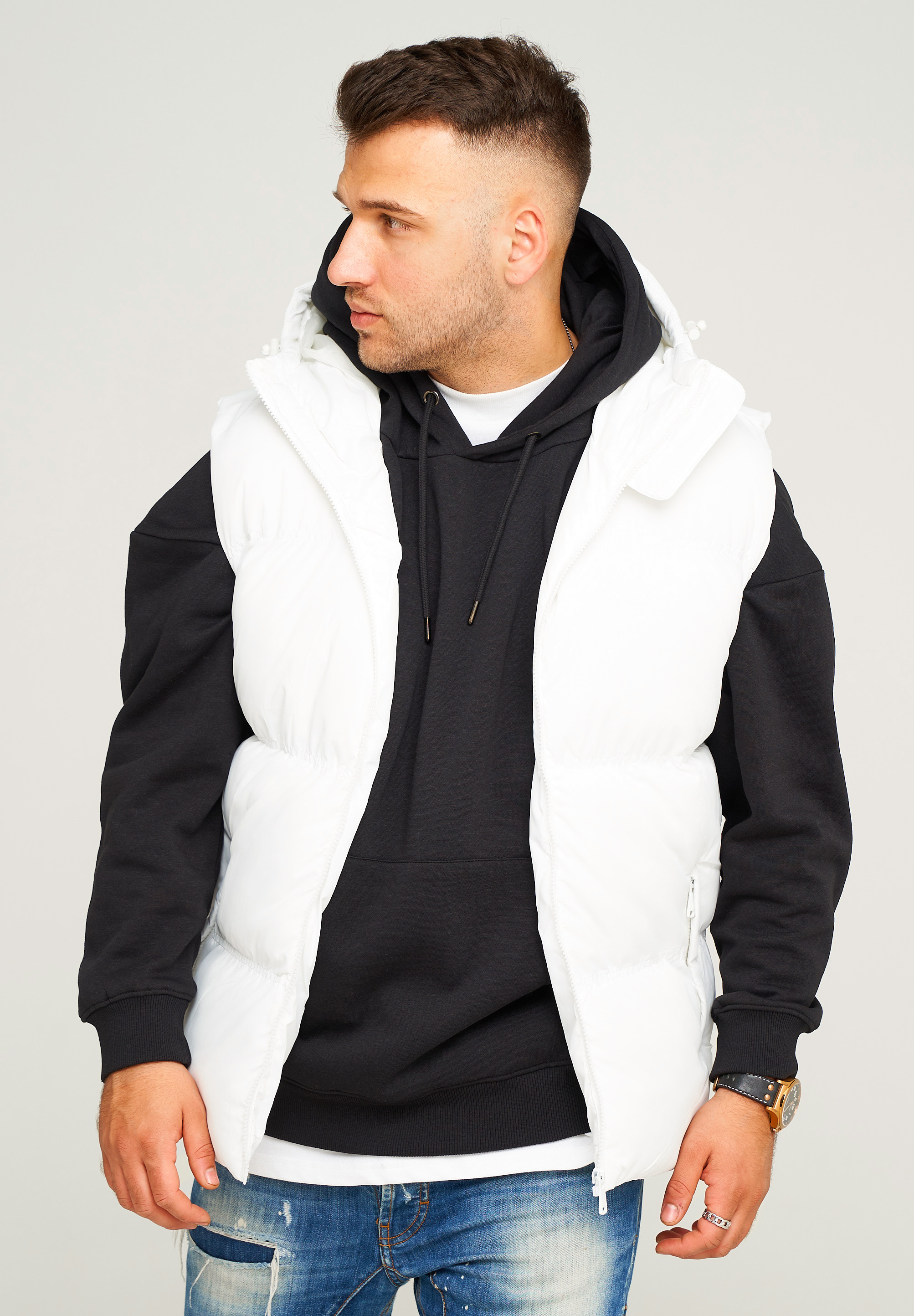 Steppweste BEHYPE "MGLROLLIN", Herren, Gr. L, weiß, 100% Polyester, normal, ohne Ausschnitt, Westen, mit Kapuze Image
