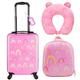 Sanwuta 4 Pieces Luggage for Girls Pink Travel Rolling Suitcase with Wheels Kids Luggage Set with Backpack Neck Pillow Name Tag, Pink, Rainbow Style