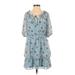 Bailey Blue Casual Dress - Mini Tie Neck 3/4 sleeves: Blue Print Dresses - Women's Size Medium