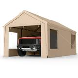 SERWALL 10 x 20 ft Heavy Duty Steel Car Carport Canopy Tents with Window for Outside Party Beige