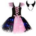 AXTMR Halloween Children'S Led Light Dress, Light-Up Girl Princess Dress With Devil Horn Headband,We Do Not Carry Button Batteries,Pink1,6T