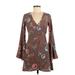 Blue Blush Casual Dress - Mini V-Neck Long sleeves: Brown Floral Dresses - Women's Size Small