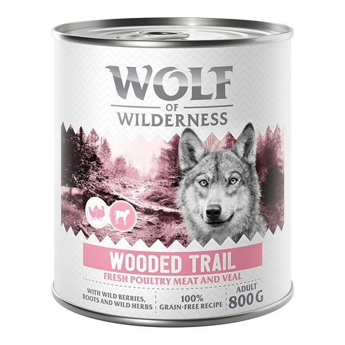 6 x 800 g Wooded Trails Geflügel mit Kalb Wolf of Wilderness getreidefreies Hundefutter nass