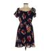 Sequin Hearts Casual Dress - Mini Boatneck Short sleeves: Blue Floral Dresses - Women's Size Medium