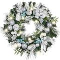 Valery Madelyn Pre-Lit 30 inch Frozen Winter Silver White Christmas Wreaths for Front Door with Lights Ball Ornaments Snowflake, Battery Operated 40 LED Lights Wreath for Outdoor Home Window Fireplace