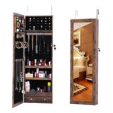 Fashion Simple White/ Brown Wall Door Mounted LED Mirror Jewelry Cabinet Lockable Armoire