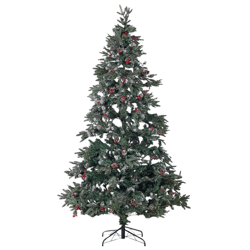 Weihnachtsbaum 240 cm Grün/ Rot Schnee bestreut mit Zapfen, Stechpalmenbeeren und Kunstschnee Weihnachtszeit/ Weihnachten/ Wohnzimmer Modern