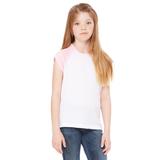 Bella + Canvas 9020 Girl's Baby Rib Cap Sleeve Contrast Raglan Top in White/Pink size 14/16 | Cotton