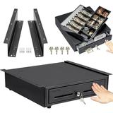 Manual Open Cash Register Drawer With Under Counter Mounting Metal Bracket - 16â€� Black Front Touch Panel Cash Drawer For POS Fully Removable 5 Bill 8 Coin Tray Key-Lock Double Media Slots