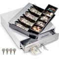 Cash Register Drawer For Point Of Sale (POS) System - White With Stainless Steel Front - Fully Removable 2 Tier Cash Tray 4 Bill/5 Coin 24V RJ11/RJ12 Key-Lock Double Media Slot