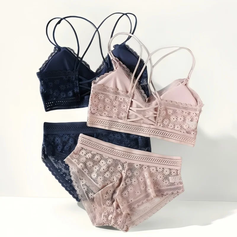Femmes dentelle soutien-gorge et slips ensemble dos nu Bralette couleur unie sous-vêtements sans fil dentelle soutien-gorge haut Sexy Lingerie ensemble femme intimes