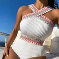 Maillot de bain une pièce rayé pour femme bretelles croisées rembourrées maillots de bain bikini