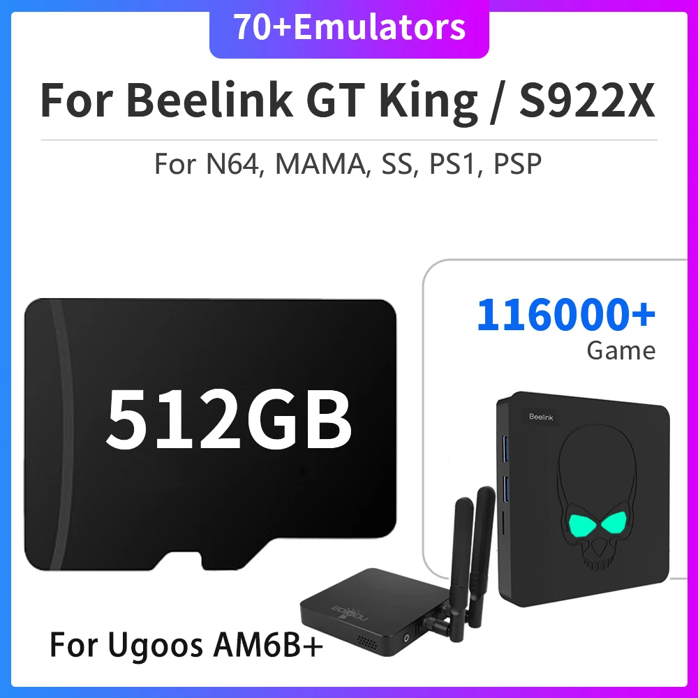 Carte mémoire avec plus de 116 000 jeux rétro pour la console de jeux vidéo Beelink GT King avec puce Amlogic S922X pour PS1/PSP/SNES/Sega Saturn/MAME