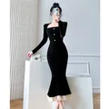 2024 nuovo vestito nero di alta qualità da donna temperamento stile francese vestito dolcevita nero