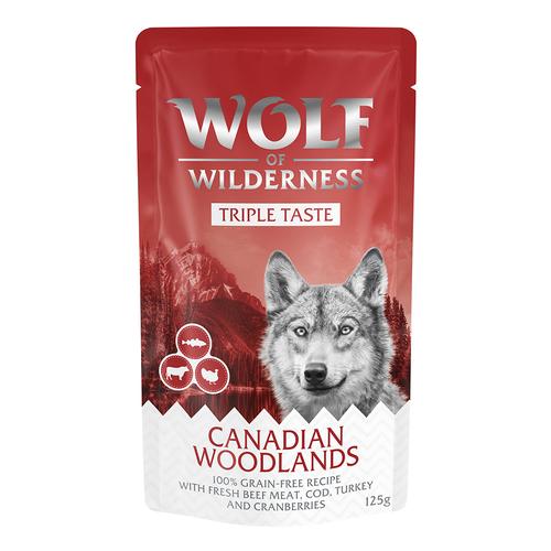 Wolf of Wilderness ""Triple Taste"" 12 x 125 g pour chien Canadian Woodlands - bœuf, cabillaud, dinde