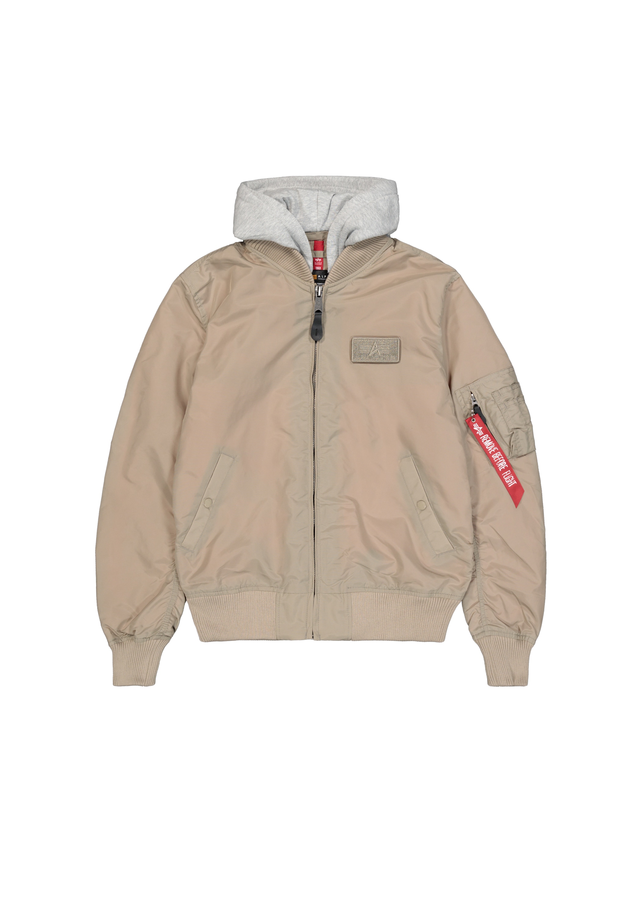 Bomberjacke ALPHA INDUSTRIES "MA-1 TT Hood Light", Herren, Gr. M, beige (vintage sand), Obermaterial: 100% Nylon, Futter: 100% Nylon, Kapuze: 75% Baumwolle, 25% Polyester, Jacken Bomberjacke