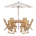 Gartenmöbel Set mit Sonnenschirm Hellbraun Akazienholz Runder Tisch 150 cm mit 6 Klappbaren Stühlen Landhaus Stil Terrasse Balkon Garten Möbel