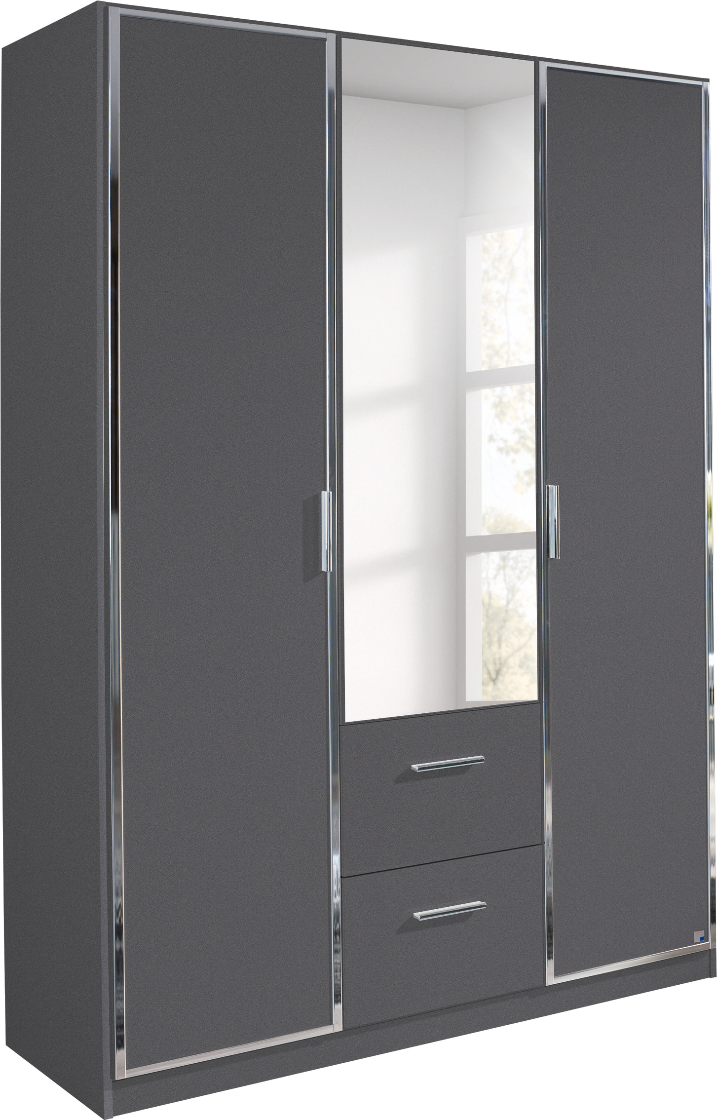 Drehtürenschrank RAUCH "Marl", grau (graumetallic), B:136cm H:197cm T:54cm, Holzwerkstoff, Schränke, Drehtürenschrank, mit eleganten Chromgriffen sowie Aufleistungen