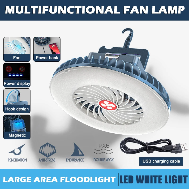 Multifunktionale wasserdichte Zeltventilator wiederaufladbare Campinglampe Nachtmarkt Standlampe Outdoor Lüfterlampe tragbare Laterne Image