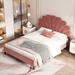 Far Ahead Theme Full Size Velvet Platform Bed Upholstered Bed with Flowers Shaped Headboard, Wood Slat Platform Bed, Red