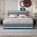 Queen Linen Upholstered Bed Platform Bed w/ Headboard LED Light Vertical Stripe Footboard, Pull-out Drawers, USB Sockets, Gray